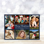 God jul 6 Photo Collage Blue Julkort<br><div class="desc">Modern 6-fotokollage blått kort med "God jul" i ett vitt skript i eleganten,  6 bilder av dina favoriter och stunder från förra året och din familj namn och året i vitt typografi.</div>
