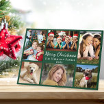 God jul 6 Photo Collage Grönt Helgkort<br><div class="desc">Modern grönt för fotokollage viks helgdag-kort med "God jul" i ett elegant-vitt skript,  6 bilder av din familj och dina stunder från förra året och ditt namn och året i vit typografi. På insidan anpassar du hälsning och lägger till ditt första namn.</div>