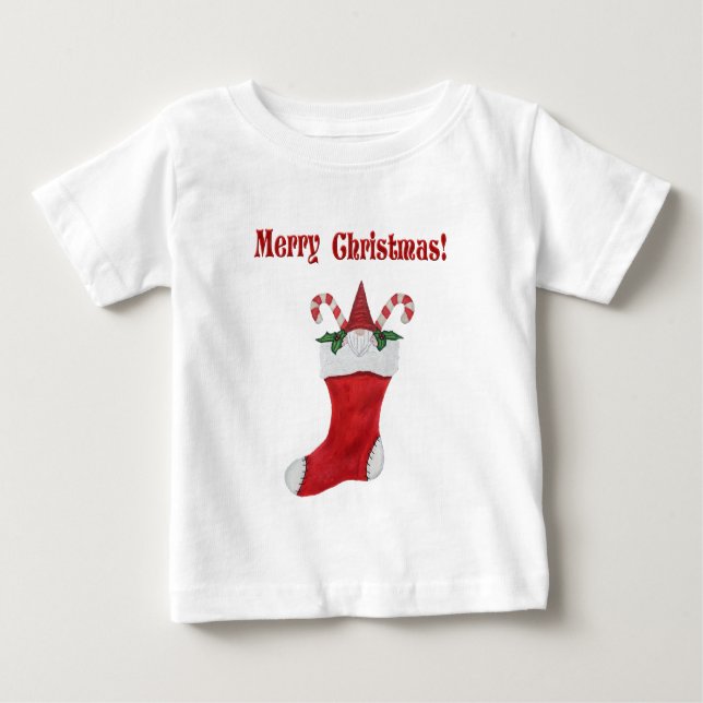 God jul Adsible Gnome in Red Stocking T Shirt (Framsida)