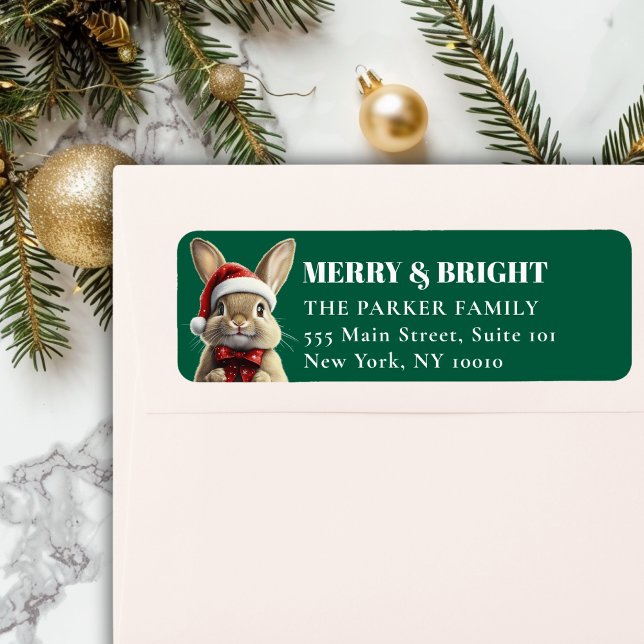 God jul! Adsible, Rabbit, Santa Hat Returadress Etikett (MERRY & BRIGHT! Adorable, Rabbit With Red Santa Hat and Ribbon, Green Address Return Labels.)