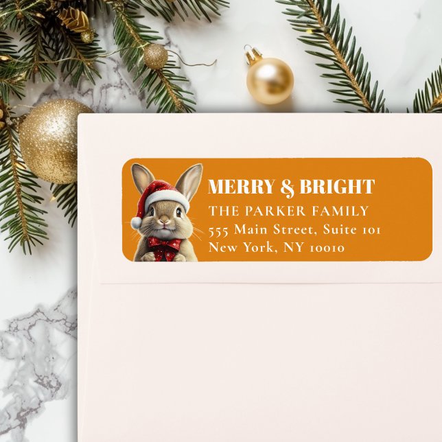 God jul! Adsible, Rabbit, Santa Hat Returadress Etikett (MERRY & BRIGHT! Adorable, Rabbit With Red Santa Hat and Ribbon, Orange Address Return Labels. )