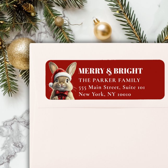 God jul! Adsible, Rabbit, Santa Hat Returadress Etikett (MERRY & BRIGHT! Adorable, Rabbit With Red Santa Hat and Ribbon, Red Address Return Labels.)