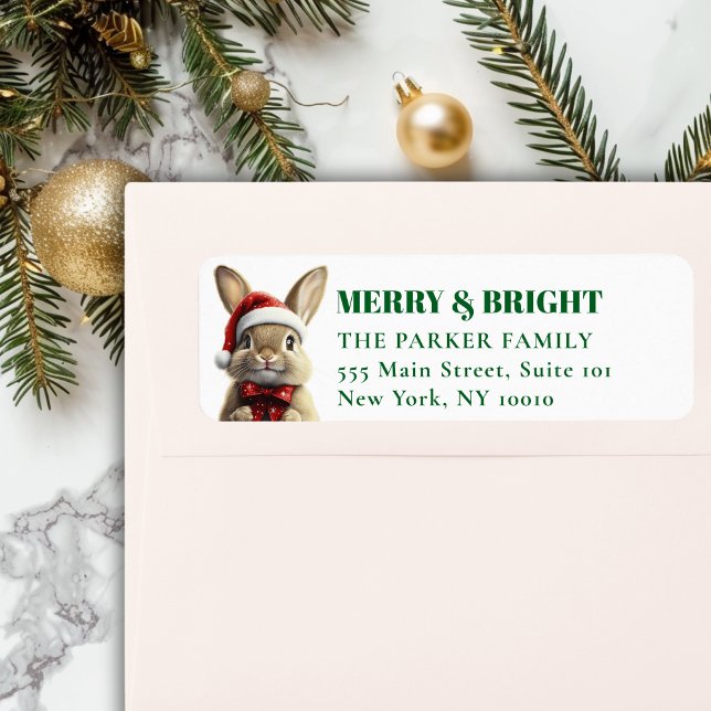 God jul! Adsible, Rabbit, Santa Hat Returadress Etikett (MERRY & BRIGHT! Adorable, Rabbit With Red Santa Hat and Ribbon, Address Return Labels.)