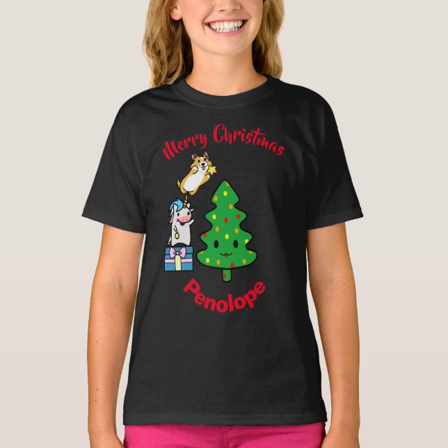 God jul Adworthy Corgi & Unicorn med Star T Shirt (Framsida)