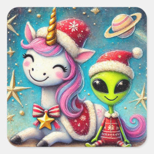 God jul, Alien och Unicorn Fyrkantigt Klistermärke