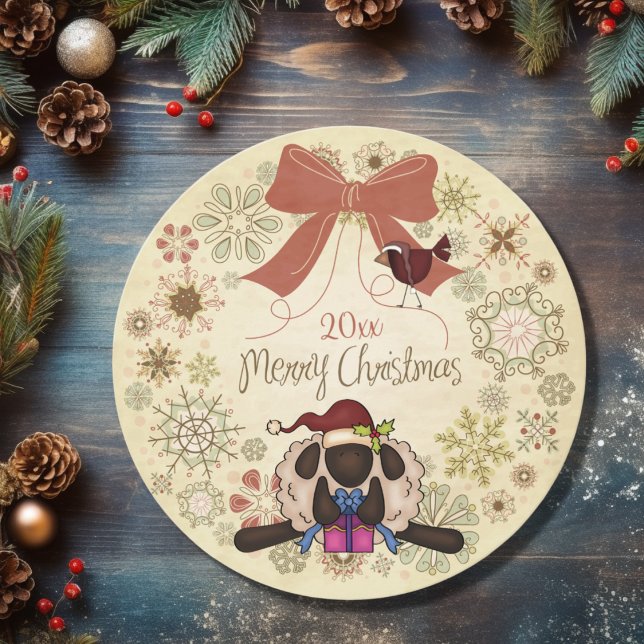 God jul-andedräkt med Santa Sheep och Bird Julkort (Front - Merry Christmas Wreath with Santa Sheep and Bird Holiday Card)