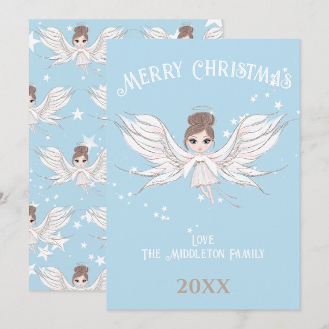 God jul Angel Mörk Hair Blue Julkort (Fram/baksida)