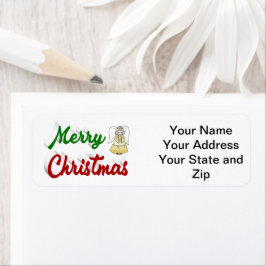 God Jul Ängel röd grön skrift Returadress Etikett