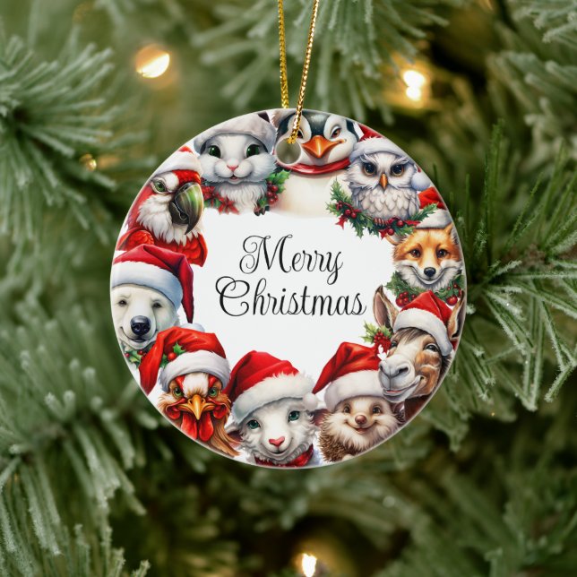 God jul Animals Santa Hat Ceramic Ornament (Träd)