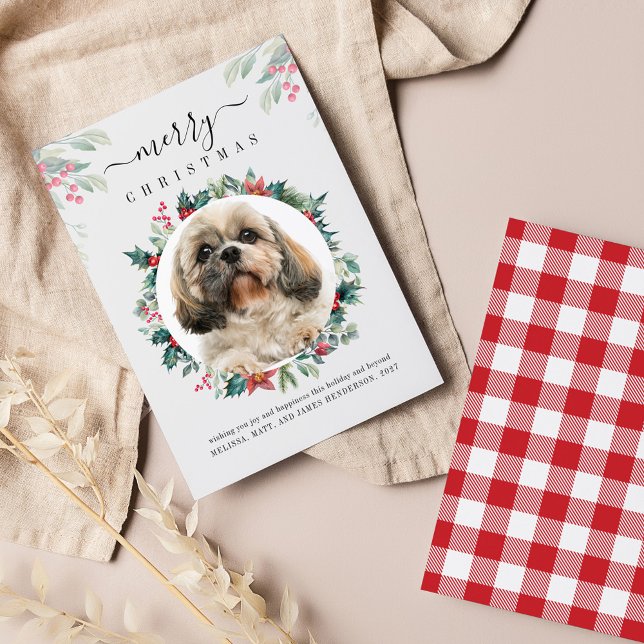 God jul Anpassningsbar Hund Photo Botanical Anteckningskort (Elegant Pet Photo Gingham Plaid Christmas Greetings Card)