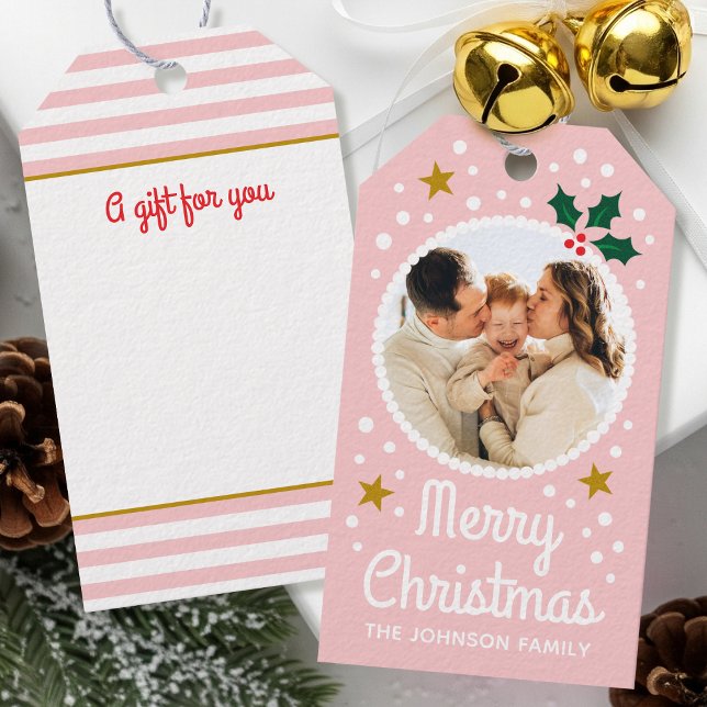 God jul Anpassningsbar Photo Namn Simple Cute Rosa Presentetikett (Skapare uppladdad)