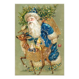 God Jul, Antik Julkort, Tomte och Renar Fototryck
