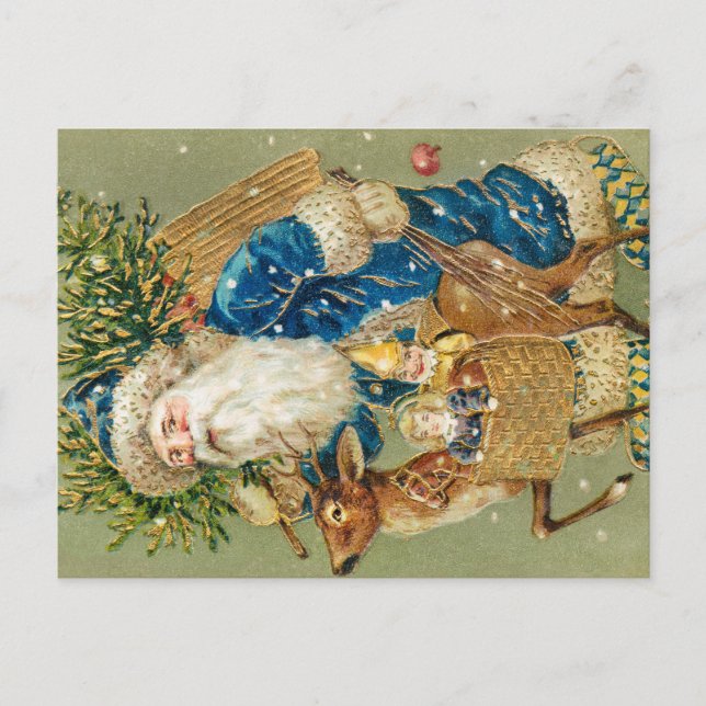 God Jul, Antik Kort, Tomte och Renar Vykort (Framsida)