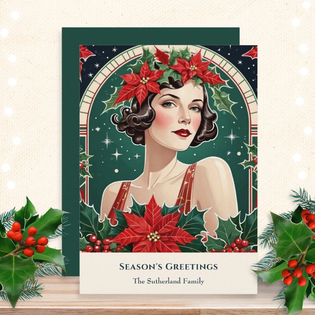 God jul Art Deco Inspired Porträtt Dam Retro Julkort (A stylish Christmas card with a picture of an elegant lady in an Art Deco inspired style)