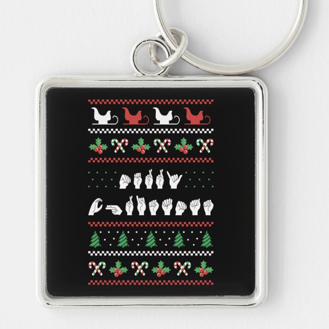 God jul - ASL American Sign Language I Fyrkantig Silverfärgad Nyckelring (Framsidan)