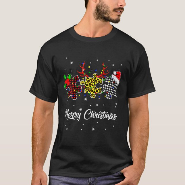 god jul Autism puzzle Leopard med Santa H T Shirt (Framsida)