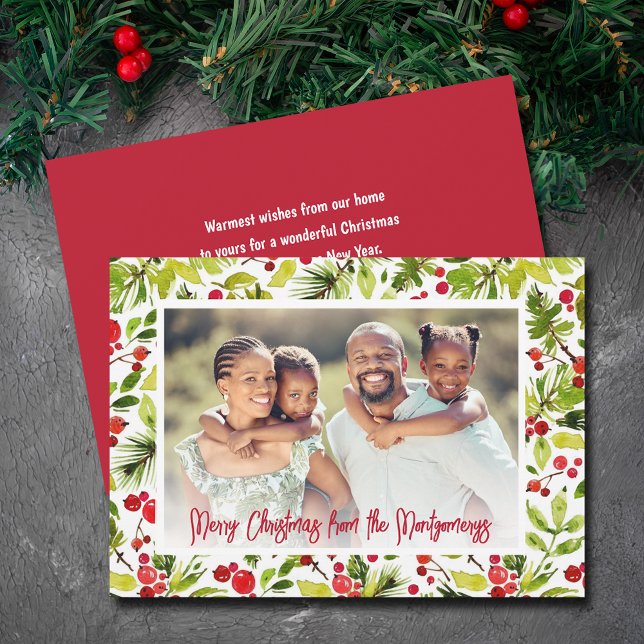 God Jul Bär & Grönska Foto Julkort (Red berries and greenery Merry Christmas photo cards, PRINTED and/or INSTANT DOWNLOAD)