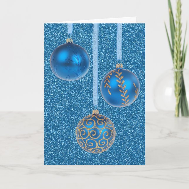 God jul Baubles Guld Blue Glitter Helgkort (Framsida)