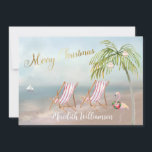 God jul Beach Flamingo Budget Julkort<br><div class="desc">God jul på denna vackra Watercolor Beach - fredlig och skonsam scen med två strandstolar - vänlig flamingo med underbar andedräkt - Handflatan träd med några prydnadsföremål. Finns även i olika pappra viktangivelser - ditt val. Alla designfrågor skickar bara ett e-postmeddelande till charmdesignstudio@rcn.com,  så hjälper vi gärna till.</div>