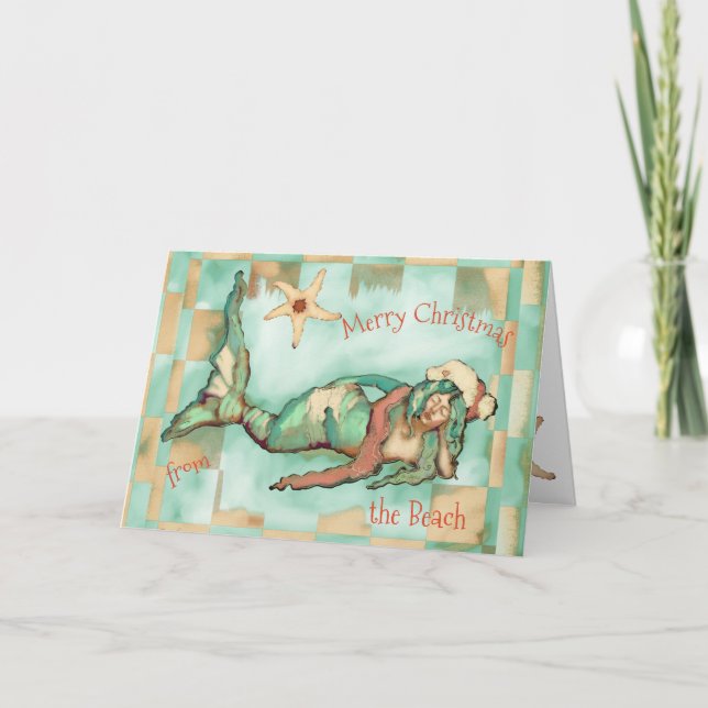 God jul Beach Sjöjungfru Santa Hat Personaliz Helgkort (Framsida)