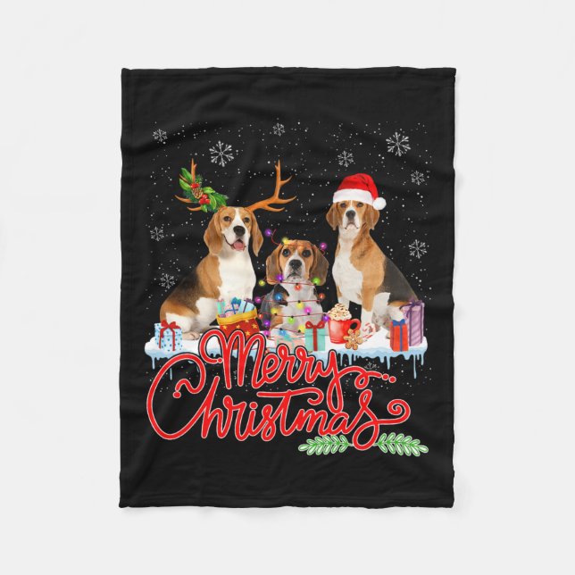 God jul Beagle Hund Santa Reindeer Light Xm Fleecefilt (Framsidan)