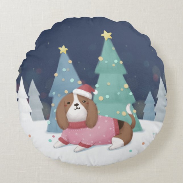 God jul: Beagle Illustration Art Rund Kudde (Framsidan)