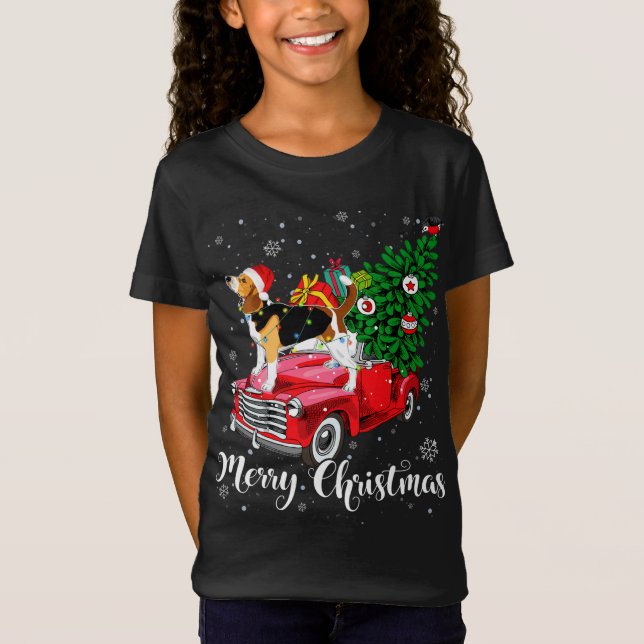 God jul Beagle Santa Light Red Lastbil Julafton T Shirt (Framsida)