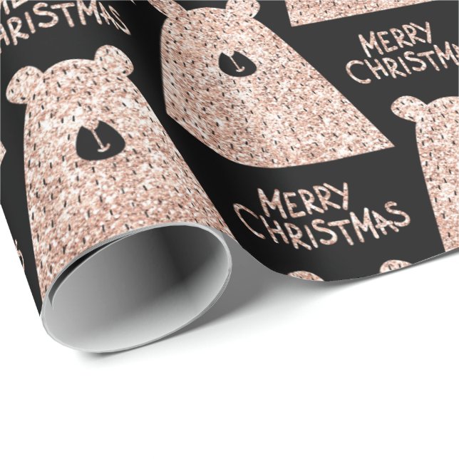 God jul Bear Black Rosa ros Guld Glitter Presentpapper (Rullad Hörn)