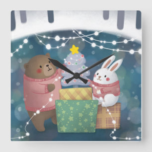 God jul: Bear & Bunny Fyrkantig Klocka