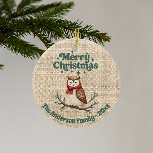 God jul beige burlap söt uggla grönt julgransprydnad keramik