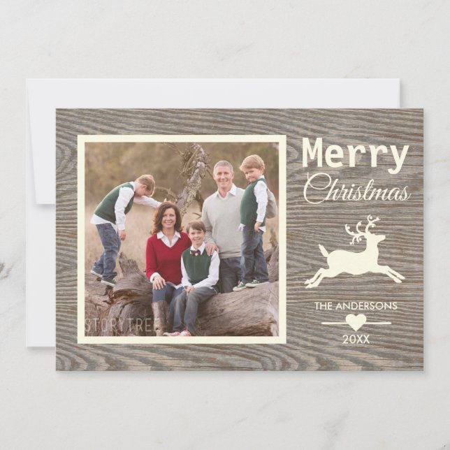 God jul Beige Rustic Wood Family Photo Julkort (Framsida)