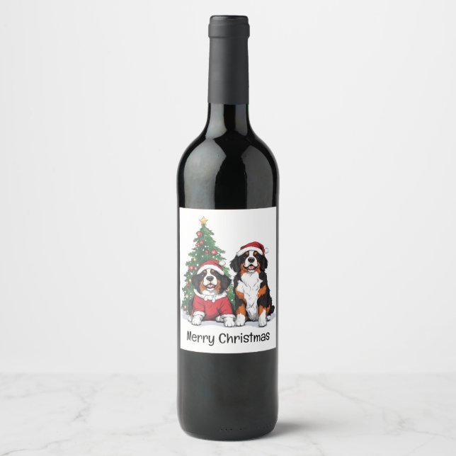 God jul Berner Sennenhundar Vinflaska Etikett (Framsida)