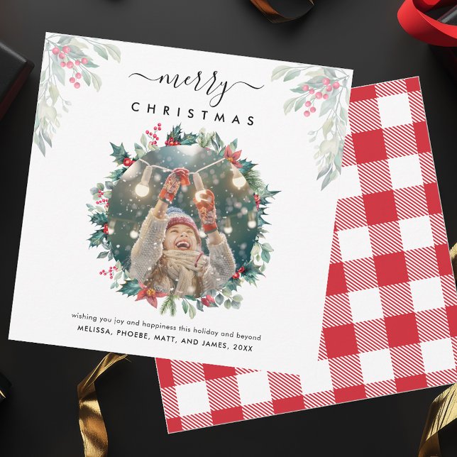 God jul Berries Photo Anteckningskort (Christmas Greetings Photo Rustic Plaid Red and White Checkered Card)