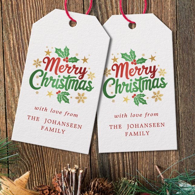 God jul Berry Guld Stars Snöflingor Familj Presentetikett (Skapare uppladdad)