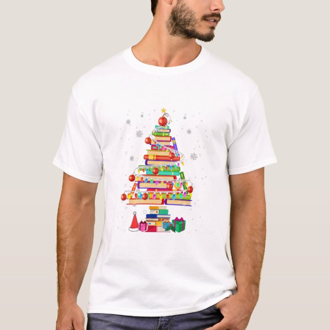 God jul Bibliotek Träd Cute Bok Älskare T Shirt (Framsida)