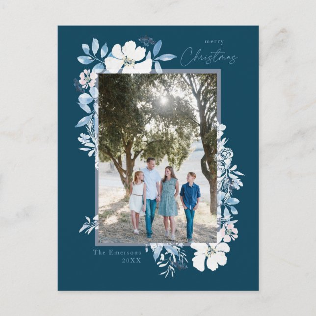 God Jul Blå Akvarell Blommig Ram mörk Vykort (Framsida)