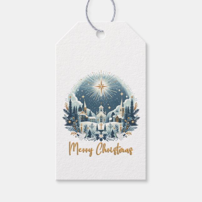 God Jul blå och guld  Presentetikett (Framsidan)