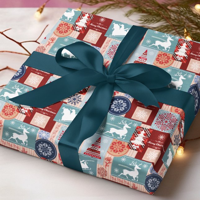 God Jul Blå Röd Tartan Lappteknik Presentpapper (Skapare uppladdad)