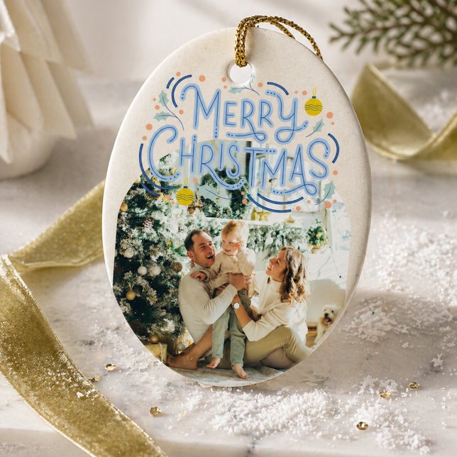 God Jul Blå Typografi Bågformat Foto  Julgransprydnad Keramik (Merry Christmas Blue Typography Arched Photo Ceramic Ornament)