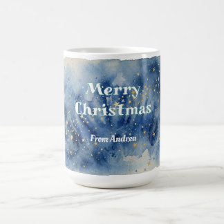 god jul blå vita stjärnor akvarell gul kaffemugg