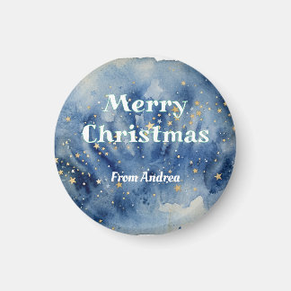 god jul blå vita stjärnor akvarell gul magnet