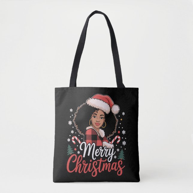 God jul Black African Girl Santa Hat Julafton Tygkasse (Framsida)