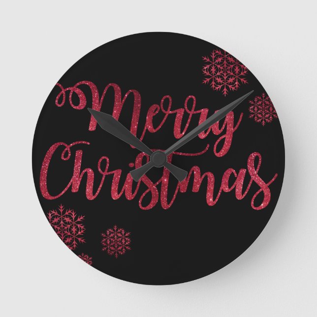 God jul Black and Red Snowflake Typography Rund Klocka (Framsida)