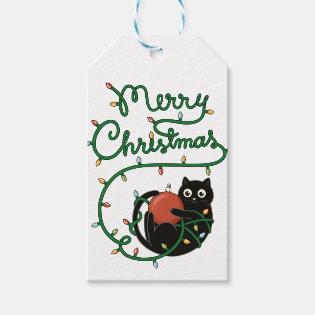 God jul Black Cat med Ornament och Ljus Presentetikett (Framsidan)