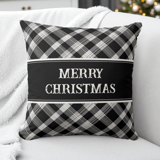 God jul Black Play Mönster Modern Rustic Kudde (Merry Christmas Black Plaid Pattern Modern Rustic Throw Pillow)