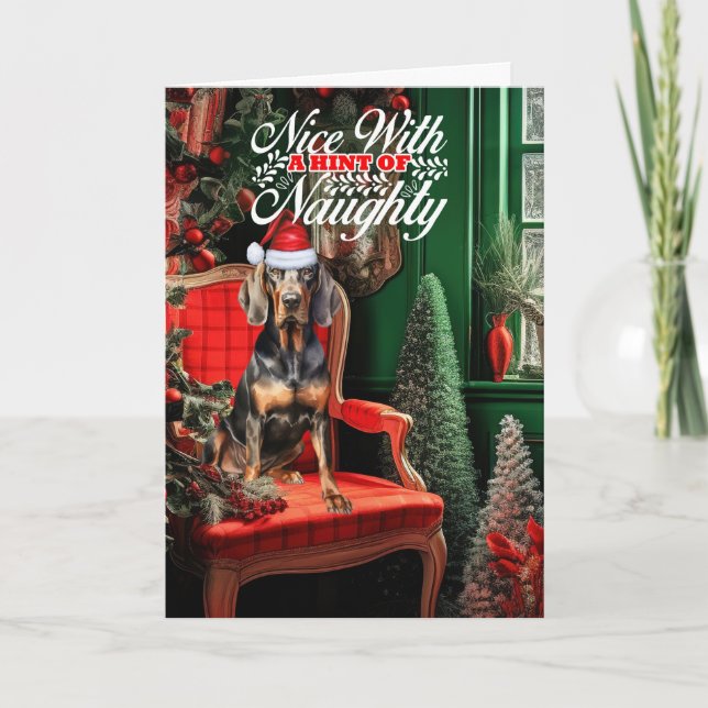 God Jul Black Tan Coonhound Naughty eller Nice Helgkort (Framsida)