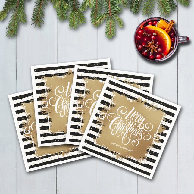 God jul Black White Rand Guld Faux Foil Pappersservett (Merry Christmas typography on faux gold foil on black and white stripes cocktail napkins)