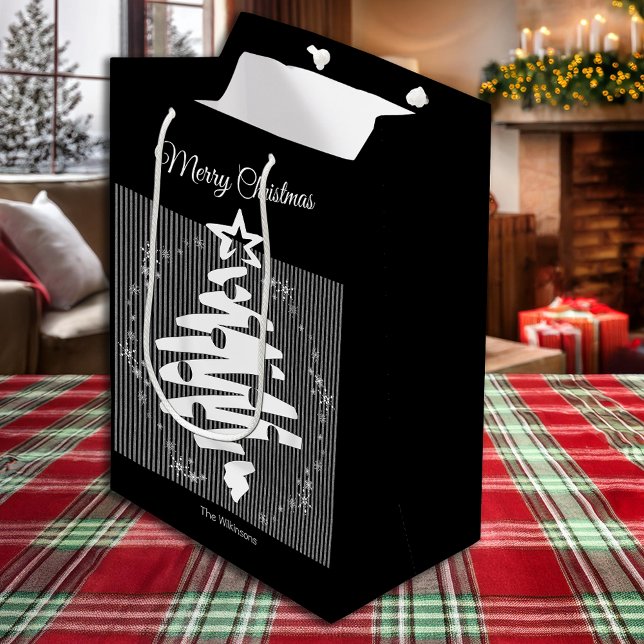 God jul Black White Rand Modern Helgdag (Merry Christmas Black White Stripe Modern Holiday Medium Gift Bag)