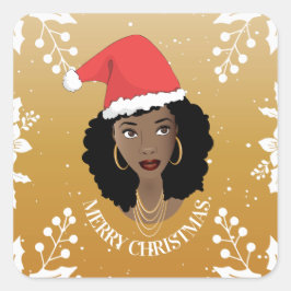 God jul, Black Woman, Red Santa, Gult Fyrkantigt Klistermärke