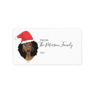 God jul, Black Woman, Red Santa Hat Adressetikett